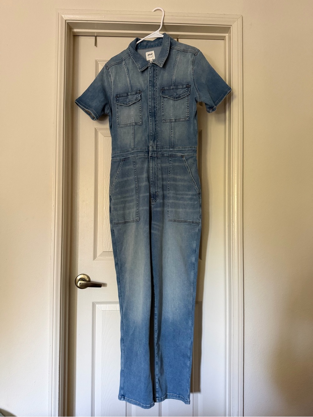 Aerie Light Wash Denim Short-Sleeve Jumpsuit
